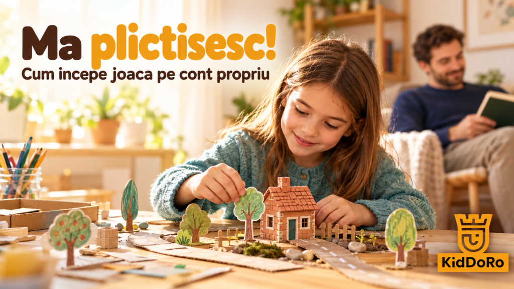 Copil construind un sat in miniatura, intr-un moment de joaca independenta, cu parintele in apropiere