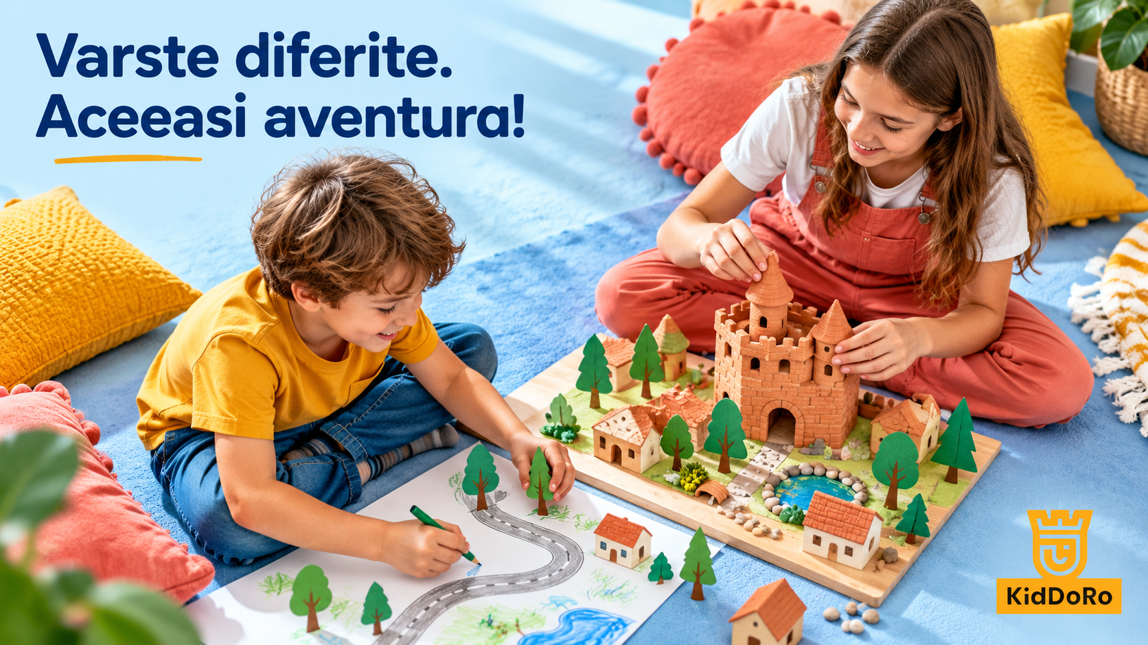 Doi frati de varste diferite construiesc impreuna un oras imaginar, cu un castel si drumuri desenate.